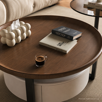 Table basse ronde moderne à double plateau avec plateau en verre et structure en bois, facile à nettoyer et à ranger, idéale pour salon et appartement