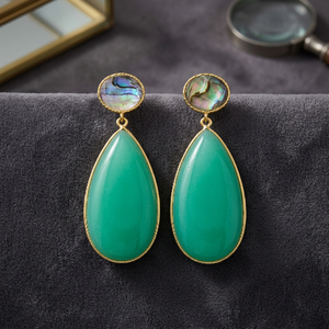 Nouveauté : Boucles d'oreilles tendance en argent sterling 925 plaqué or avec doublet Ablon et onyx vert, formes ronde et poire - Product Image 2