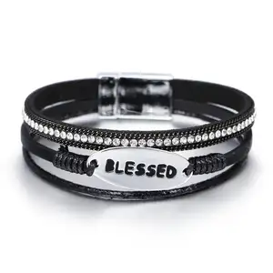 Boho Fashion Custom Letter Blessed Magnetic Buckle Leather Diamond Bracelet For Women