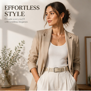 <span class=keywords><strong>Cintura</strong></span> in Vera <span class=keywords><strong>Pelle</strong></span> <span class=keywords><strong>Beige</strong></span> per Donna con Fibbia Quadrata Argento Anticato, Regolabile, Versatile per Uso Quotidiano e Moda - Product Image 2