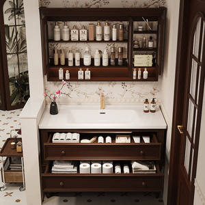 Meuble-lavabo de salle de bain moderne de luxe en MDF et bois massif laqué, finition chêne, avec vasque en céramique, miroir intelligent mural, résistant à l'eau - Product Image 4