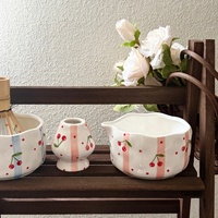 Handgemaakte keramische Chawan Kawaii fruitthee cadeau voor haar, inclusief kersen Matcha kom en gardehouder, Chinees keramiek Matcha kom set