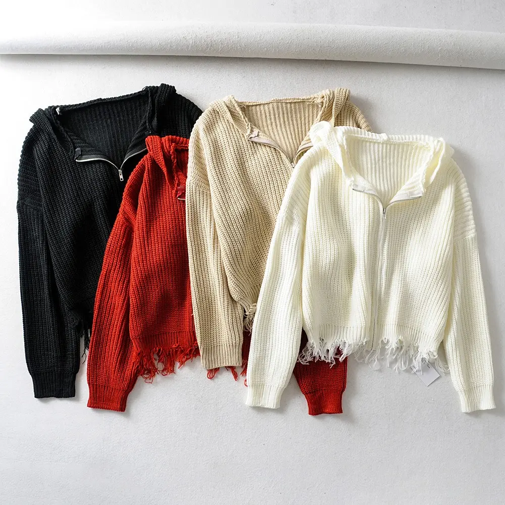 Wholesale Winter Custom Solid Color Long Sleeve Hooded Zipper Women Knit Top Sweater Cardigan