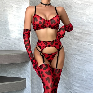 Gran oferta, tela de satén, liguero femenino de 5 piezas, conjunto de lencería con aros, estampado de leopardo Ins, encaje bordado de estilo japonés Sexy para mujer - Product Image 1