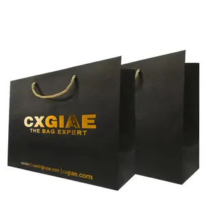 Customized Branded Luxury Black With Hot Stamp Gold Paper Bags For Gift Apparel Packaging Shoes Clothes Shopping Paper Bag