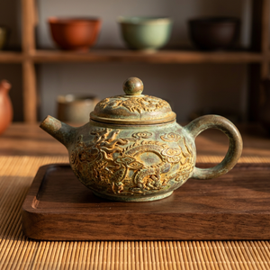 Théière orientale avec motif de dragon, glaçure verte, avec couvercle et poignée - Product Image 4