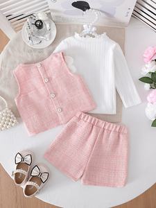 ชุดเสื้อยืดลายทางสำหรับเด็กผู้หญิงฤดูใบไม้ร่วงและฤดูหนาว + เสื้อกั๊กลายดอกไม้ + กางเกงขาสั้นประดับโบว์ - Product Image 2