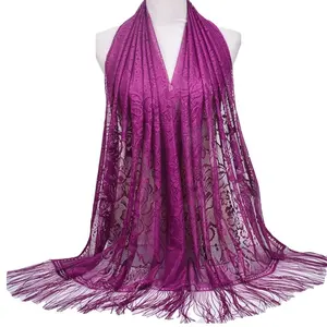 Wholesale Fashionable Long Solid Lace Hollow Tassel Muslim Hijab Cover Scarf Female for women 's