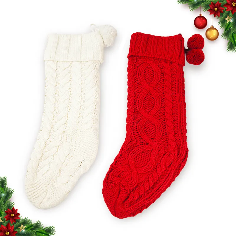 Chaussettes de noël tricotées, en acrylique, solide, blanches, logo personnalisé, bas pour cadeaux, vente en gros