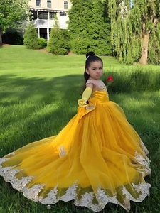 Vestidos de Niña de las Flores Amarillos Personalizados <span class=keywords><strong>para</strong></span> Boda, Apliques de Encaje y Tul con Lazo, Primera Comunión, <span class=keywords><strong>Vestido</strong></span> Clásico <span class=keywords><strong>para</strong></span> Banquete de Cumpleaños - Product Image 3