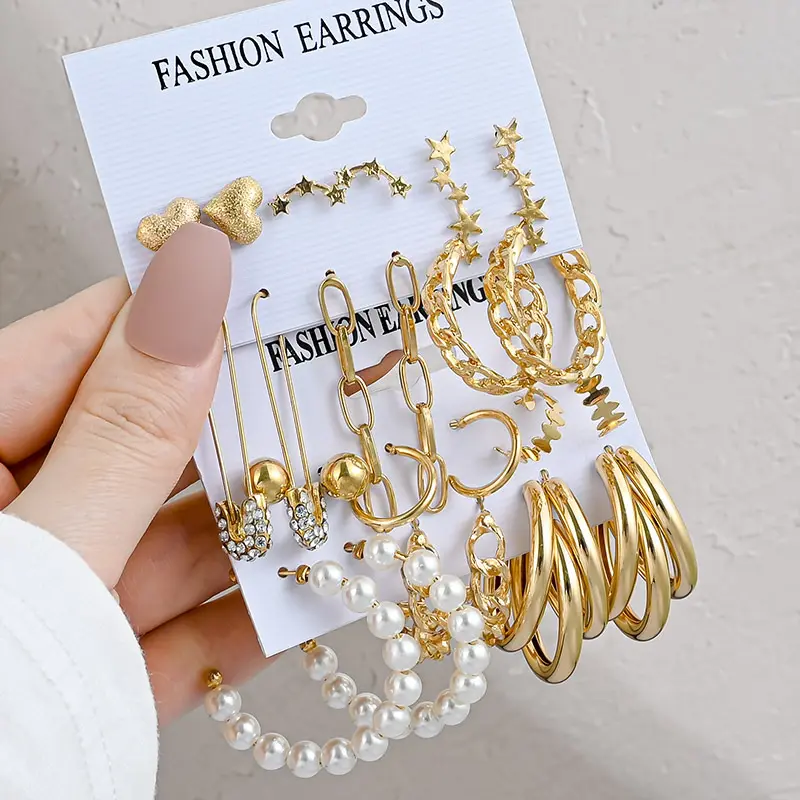 Customize Trendy Gold Metal Earring Women Fashion Geometric Pearl Circle Hoop Earrings Trend Set Fashion Jewelry Stud Earrings