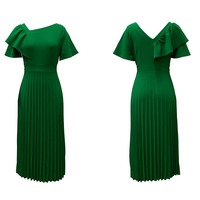 Benutzer definierte einfarbige einfache bescheidene lange Maxi einteilige Kleider Lady Taille Slim Fit Rüschen kurz ärmel ige gepresste Plissee Kleid Frauen