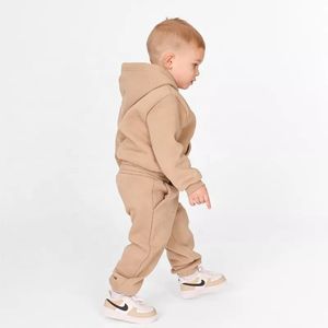 Survêtement de sport Beige uni personnalisé, ensemble de survêtement à capuche et de jogging en polaire unisexe pour enfants - Product Image 5