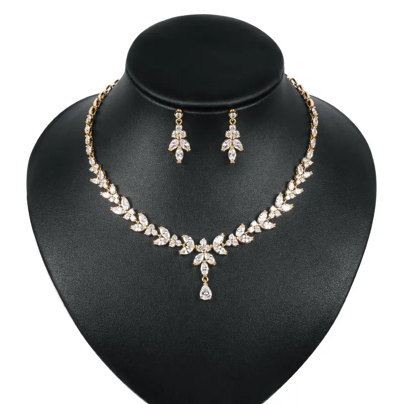 Hot Selling Luxury Leaf Engagement CZ Earring Necklace Bridal Jewelry Set For Women Accessories