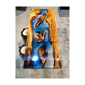 Mesa de comedor de río con borde vivo, bloque de alcanfor dorado con resina de cristal transparente, madera sólida, epoxi transparente