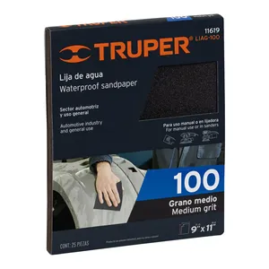 PAQUETE DE 25 Hojas de Papel de Lija Húmedo de Carburo de Silicio, Grano 100, TRUPER - Product Image 1