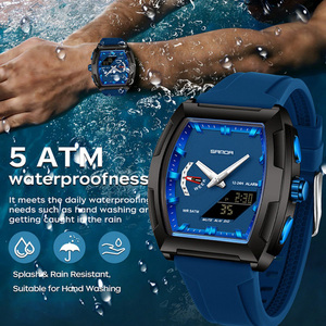 SANDA 6339 Montre unique de forme tonneau à grand cadran, montre-bracelet électronique de sport multifonctionnelle étanche avec heure mondiale - Product Image 6