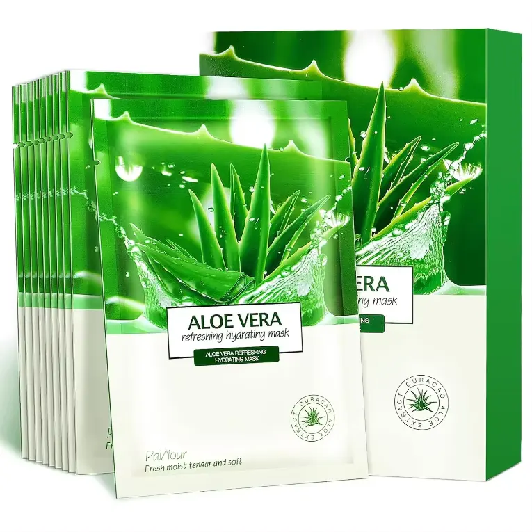 Fornecedor de máscara facial de Aloe Vera mais vendido, pacote com 10 folhas hidratante hidratante revitalizante para pele seca, folha revitalizante para cuidados com a pele