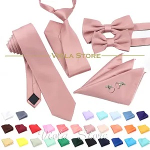 Hot Color Green Pink Blue Polyester Solid 6cm Tie Set Men Wedding Bowtie Hankie Party Gift Cravat Shirt Accessory