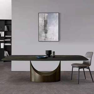 Tavolo da pranzo con piastra in roccia italiana molto semplice e combinazione di sedie a forma di U supporto da tavolo moderno luce di lusso per hotel di casa rettangolo - Product Image 3