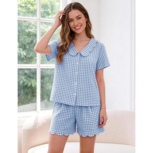 Conjunto de Pijama Casual para Mujer, Tejido Suave, Cuadros, 2 Piezas, Camisa de Manga Corta, Pantalones Cortos, Cuello Festoneado, Estilo Y2K - Product Image 2