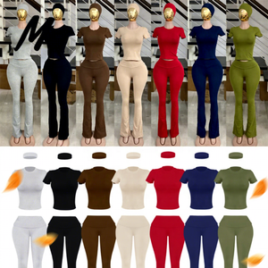 Set Due Pezzi da Donna con T-Shirt Ricamata con Logo Personalizzato <span class=keywords><strong>e</strong></span> Pantaloni a Zampa con Polsini, Outfit Sexy Slim Casual in Cotone per <span class=keywords><strong>Primavera</strong></span> ed Estate - Product Image 4