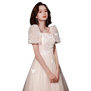 Champagne Bridesmaid Dress A-Line Square Collar Chiffon Empire Waistline Comfortable Adult Career Dress - Product Image 5