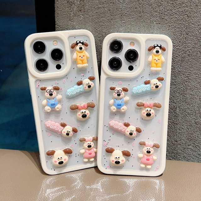 Fashion Cute 3D Cartoon Puppy Pattern TPU Anti-Fingerprint Shockproof Mobile Phone Case for 16/14/13 Pro Max/14/13 Back