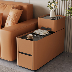 Meuble d'appoint multifonction en cuir de luxe léger avec chargement sans fil, plateau en verre trempé, design moderne et épuré pour salon A22 L - Product Image 1