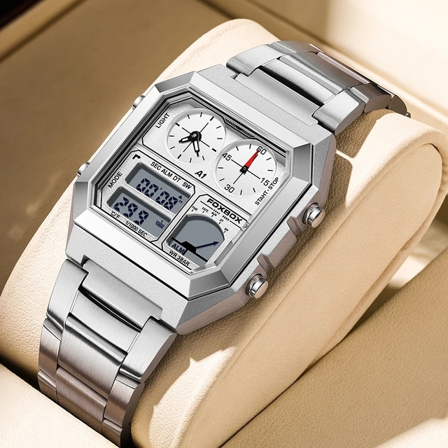 LIGE FB0057 Dual Digital 2 Zones Silver Square Sport Wrist Watch for Men Waterproof Electronic 4 Subdials Casual Watch+ Gift Box