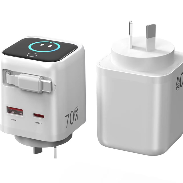 70W GaN USB-C PD 3.0 Charger with Retractable USB C Cable Fast Charging AI Digital Display OTP Protection for Camera & Laptop