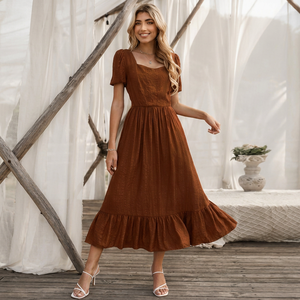 Robe Midi Écologique en Lin et Coton avec Panneaux Volants, Manches Bouffantes, Taille Empire, Style Bohème, Respirante, Froncée, Marron, Été, Vintage - Product Image 1