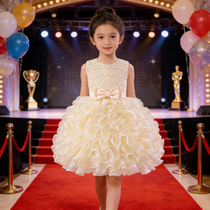 Abito da <span class=keywords><strong>Cerimonia</strong></span> per Bambina con Cuore in Pizzo e Fiore, Vestito Formale in Raso e Pizzo con Fiocco, Abbigliamento per Bambini all'Ingrosso - Product Image 3