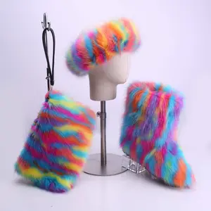 21 colores de encargo hecho a mano de la mamá de los niños 3 piezas conjunto de diadema Imitación Piel bolso peludo botas de nieve