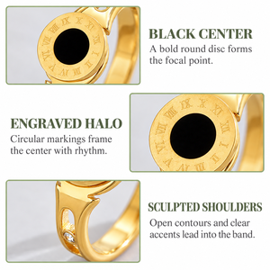 Gold and Black Round Disc <b>Ring</b> with <b>Roman</b> <b>Numeral</b> Style Halo and Sculpted Clear Accent Shoulders - Product Image 4