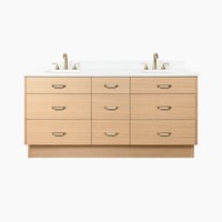 Meuble-lavabo de salle de bain sur pied en placage de chêne blanc naturel, design plat, avec comptoir en quartz et vasque en céramique, 48-72''