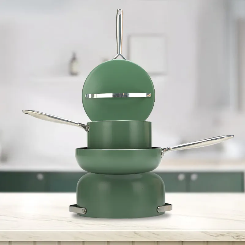 8pcs New Green Nonstick Pressed Aluminium Xylan Cookware Set with Aluminum Lid