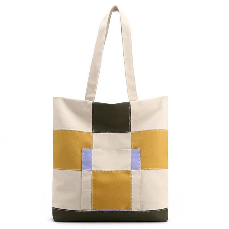 Hot Selling Korean Version Squares Clash Colors Large Capacity Ladies Shoulder Handbags Canvas Zipper Tote Bag Women