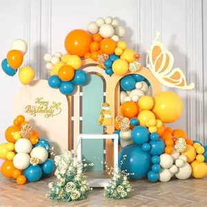 Conjunto de flores com arco de balão amarelo laranja, 126 peças, balão azul verde limão, aniversário, casamento, festa de bebê, chá de bebê