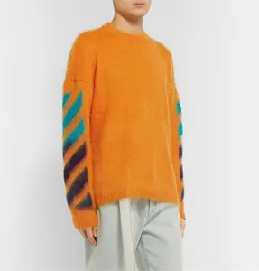 Benutzer definiertes Logo OEM & ODM Herren Pelz strick pullover Rundhals ausschnitt Langarm Orange Jacquard Mohair Blend Sweater