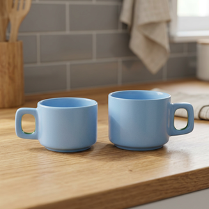 Ceramic <b>Mugs</b> <b>Set</b> Of 2 Solid Blue Matte Finish Minimalist Design Dishwasher Safe Microwave Safe Home Use - Product Image 2