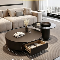 Ensemble de tables basses rondes modernes avec tiroir de rangement, plateau mat brun foncé, structure robuste pour salon, bureau à domicile