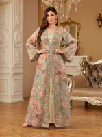 Ensemble Abaya Ouverte 2 Pièces pour Adultes en Polyester, Robe Musulmane Vintage à Imprimé Floral avec Bordure Strass, Kimono Extérieur et Satin Intérieur, Modeste pour Mariage