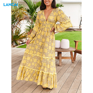 Mujeres moda cuello en V manga larga Puff manga volante fruncido Smocking estampado floral Maxi vestido - Product Image 2