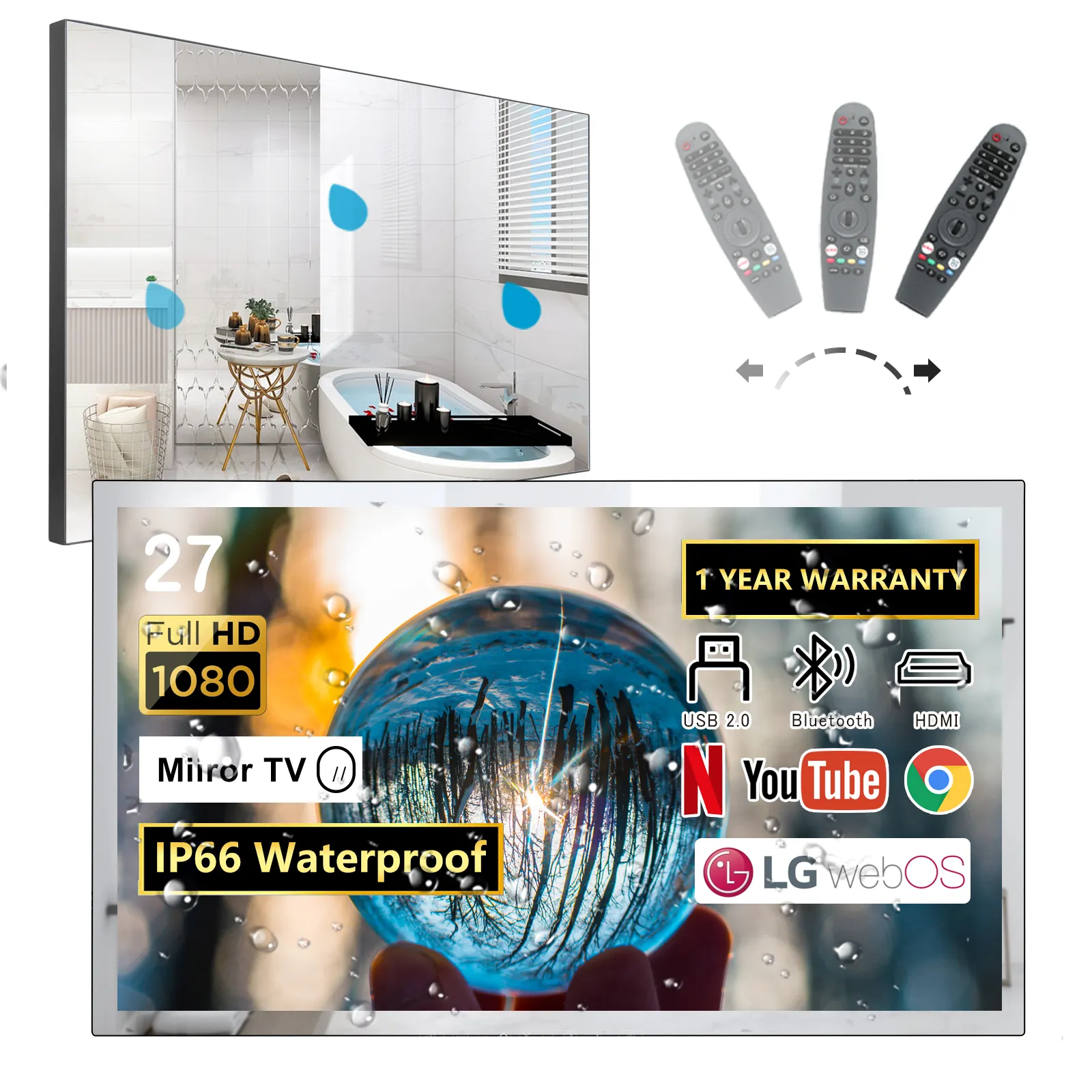 27 inch webOS Smart Mirror TV for Bathroom (Tuner-Free) with Freeview Play, and Alexa Built-in, with Magic remote, Bluetooth, W