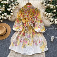 Robe décontractée pour femme à imprimé floral, coupe trapèze, col montant, manches lanternes, ceinturée, élégante, courte, pour les fêtes, le quotidien et les vacances