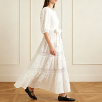 Robe longue tissée blanche vintage pour femme, personnalisée OEM, avec manches lanternes, broderie florale 3D et dentelle superposée, style mignon et doux
