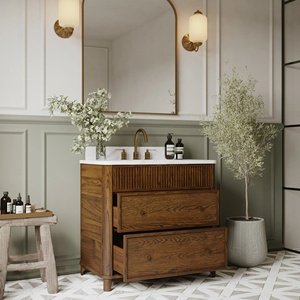 Custom Solid Wood with Oak Veneered <strong>Bathroom</strong> <strong>Vanity</strong> Striped Fluted Design with Quartz Countertop Single Sink Modern Cabinet - Product Image 3