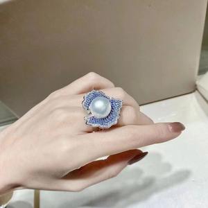 Nouvelle conception, bague en argent pur S925, 10-11 mm, perle naturelle et zircon scintillant, style de mode luxueux, bague réglable de luxe - Product Image 1