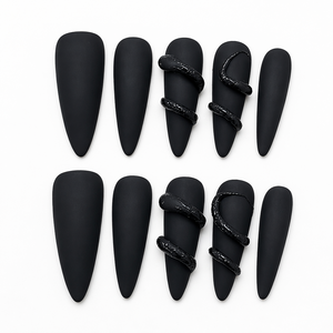 Ongles à presser en PMMA noir mat certifiés CE, motif serpent, longs, forme stiletto, couverture complète, design personnalisé pour les doigts - Product Image 3
